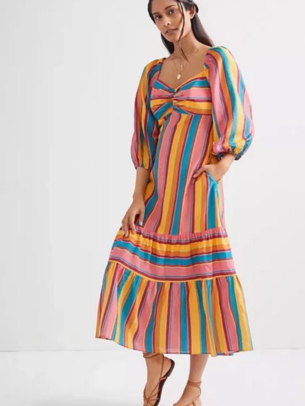 Striped Multi-Color Midi Dress with Puff Sleeves Farm rio